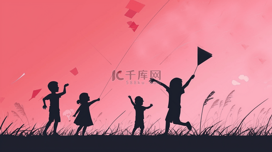 风筝的背景图片_快乐六一儿童节玩耍的孩子们剪影图片
