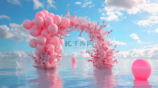 六一水面上粉色卡通3D花朵气球拱门设计