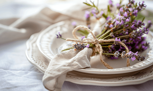 餐巾环和复古风格的薰衣草花束配件