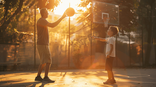 打摄影照片_父亲和孩子一起打篮球3