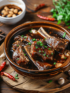 煲仔饭美食摄影照片_肉骨茶浓郁的东方药材排骨汤