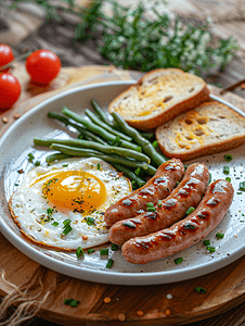 熟蛋黄摄影照片_早餐包括鸡蛋烤香肠青豆和木质背景的烤面包