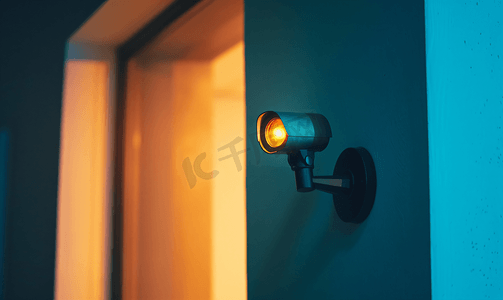房屋墙壁上带警示灯的监控摄像头