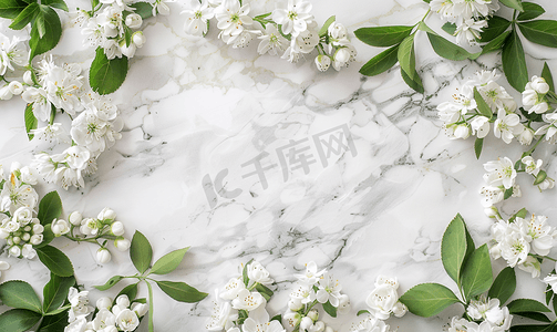 春天背景边框摄影照片_大理石桌面视图和平躺风格的白花花框