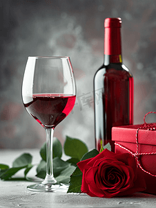 红玫瑰酒和礼品盒情人节符号
