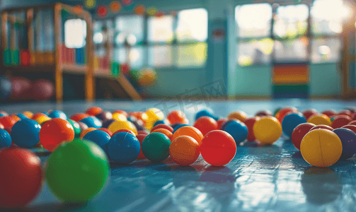 幼儿园学校体育馆有很多有色塑料球