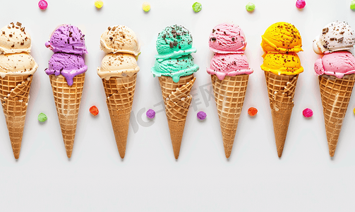 色卡通色摄影照片_白色背景上的一组各种明亮的多彩多姿的冰淇淋华夫饼锥