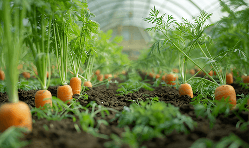 在有很多植物的温室里种植幼胡萝卜