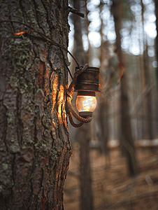 背景攀登摄影照片_徒步者闪光灯灯绑在森林中的树干上天空背景模糊