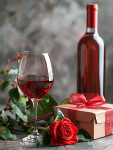 情人节装饰装饰摄影照片_红玫瑰酒和礼品盒情人节符号