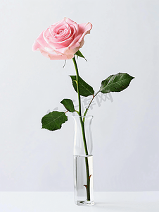 粉色炫彩炫彩摄影照片_桌上玻璃花瓶中插着一朵粉色玫瑰