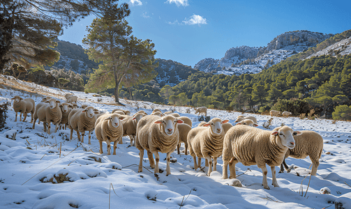 西班牙伊比沙岛圣马特乌德拉阿尔巴卡冬季田野中的羊群