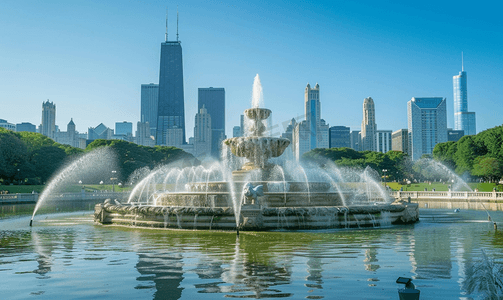 美国国旗元素摄影照片_美国芝加哥格兰特公园的白金汉喷泉