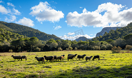 热巴摄影照片_西班牙伊比沙岛圣马特乌德拉阿尔巴卡冬季田野中的羊群
