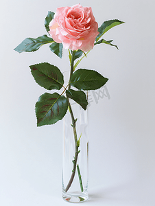 桌上玻璃花瓶中插着一朵粉色玫瑰