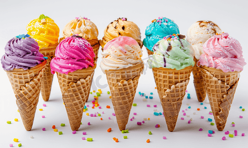 色卡通色摄影照片_白色背景上的一组各种明亮的多彩多姿的冰淇淋华夫饼锥