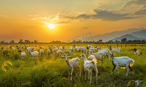 山羊群摄影照片_泰国华富里日落时在草地上散步的山羊群
