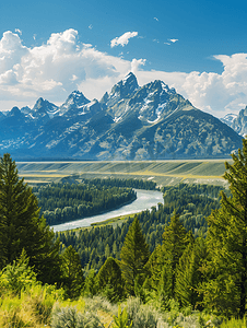 美国怀俄明州从斯内克河俯瞰大提顿山脉的景色