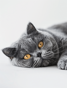 纯种英国短毛猫躺着看着相机可爱的宠物猫