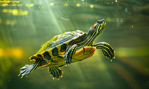 水生野生摄影照片_蛇颈龟在绿色浑浊的水中游泳