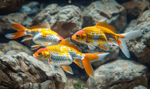 水下岩石背景下水族馆中的射线鳍金鱼鲤鱼家族