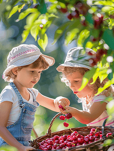 可爱的孩子们在农场采摘樱桃