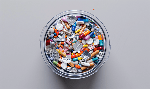 中学摄影照片_装有药丸的垃圾箱不同包装药品的浪费顶视图