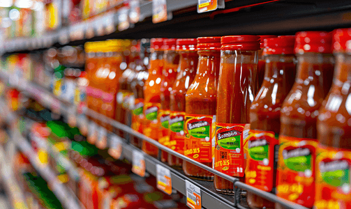 超市货架上的番茄酱调味瓶产品模糊背景