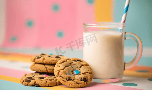 彩色条纹背景上的美味饼干和一罐牛奶