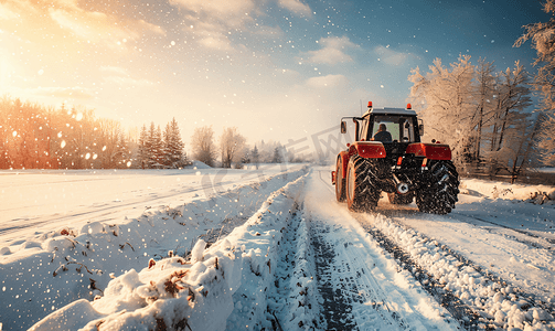 拖拉机在冬季降雪期间清理道路上的积雪