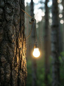 徒步者闪光灯灯绑在森林中的树干上天空背景模糊
