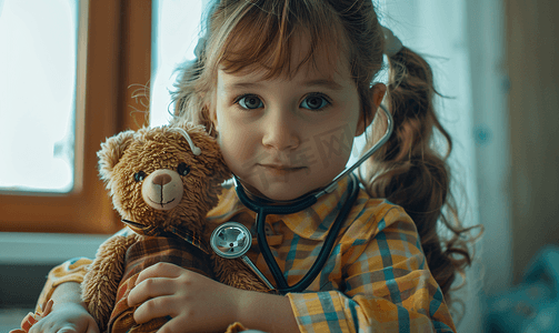 游戏治疗摄影照片_听诊器的女孩玩医生听娃娃女孩扮演医生