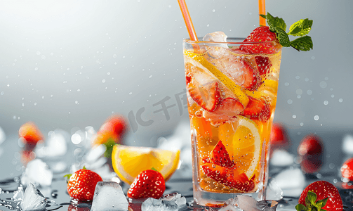 水饮背景摄影照片_草莓柠檬冰饮
