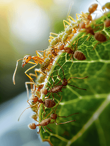 昆虫绿叶摄影照片_棕色蚂蚁在绿叶上吃蚜虫幼虫