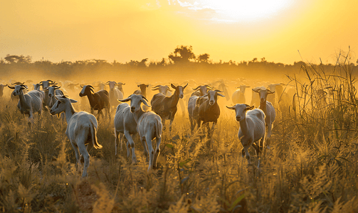 泰国华富里日落时在草地上散步的山羊群