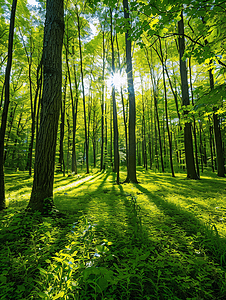 清新明亮的背景摄影照片_美丽的景色进入茂密的绿色森林明亮的阳光投射出深深的阴影