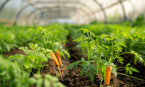 在有很多植物的温室里种植幼胡萝卜