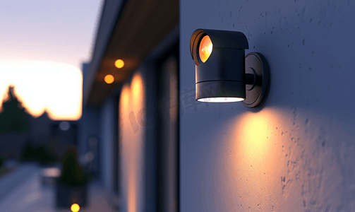 房屋墙壁上带警示灯的监控摄像头