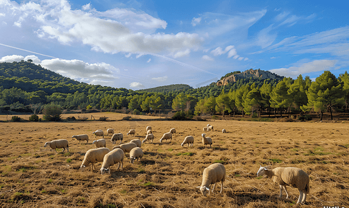 热巴摄影照片_西班牙伊比沙岛圣马特乌德拉阿尔巴卡冬季田野中的羊群