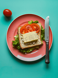 盘子上放有黄油和刀的三明治