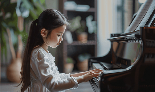 小黑摄影照片_小黑头发女孩在教育课上弹钢琴校对P