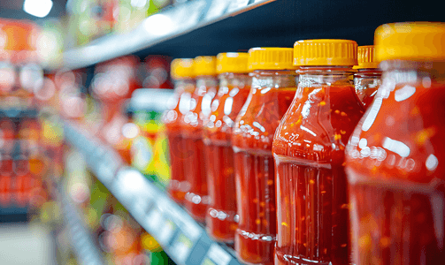 调味瓶摄影照片_超市货架上的番茄酱调味瓶产品模糊背景