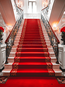 家具类摄影照片_楼梯上铺有红色迎宾地毯