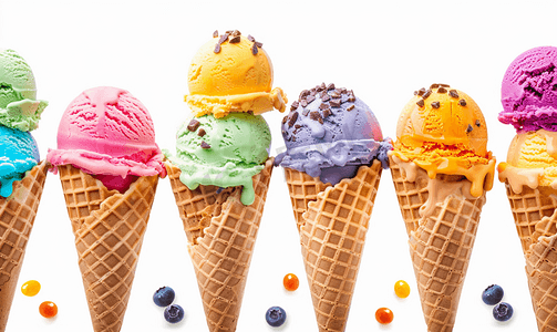 白色背景上的一组各种明亮的多彩多姿的冰淇淋华夫饼锥