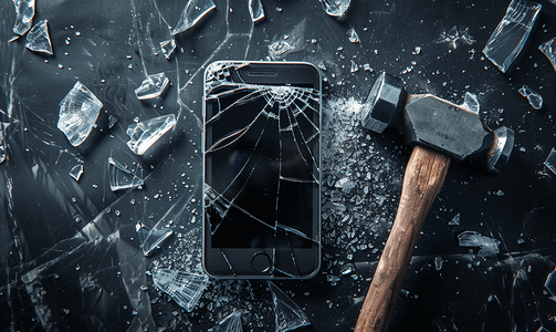 深色背景上带碎玻璃屏和锤子的智能手机