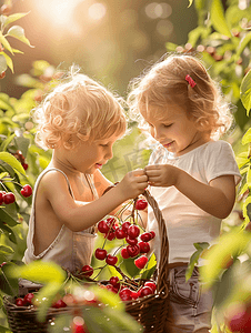 可爱的孩子们在农场采摘樱桃