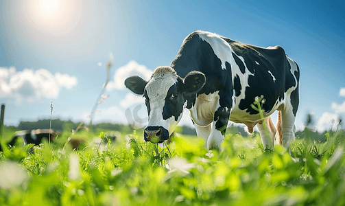 黑白奶牛在山上吃草明亮的阳光