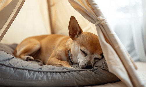 棕色短毛吉娃娃狗睡在帐篷里的灰色床垫上