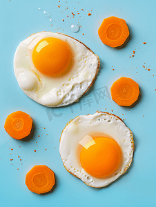 煎鸡蛋和胡萝卜片分离的顶视图