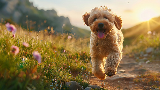 小狗快乐在山野奔跑摄影配图